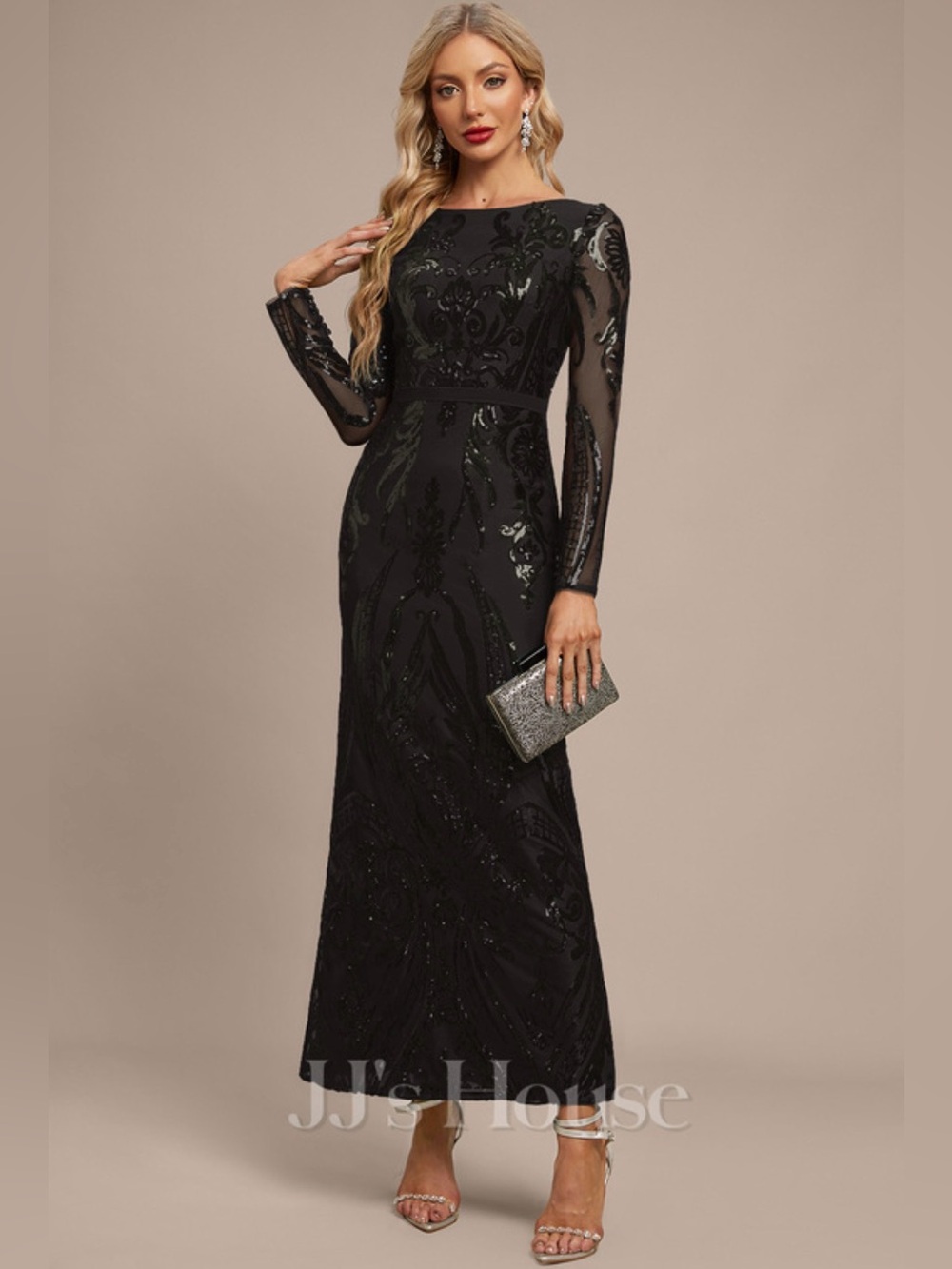 NWT JJ's House LucinaBlack Sequin Beaded Maxi Evening Night Gown Dress Size 4